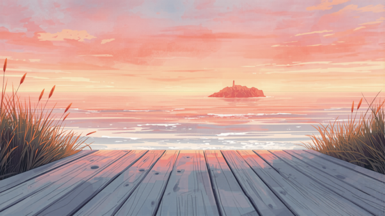 Weathered hardwood deck on a Byron Bay cliff-edge home at sunrise, salt-spray atmosphere, lighthouse in the distance — Studio Ghibli watercolor Weathered hardwood deck on a Byron Bay cliff-edge home at sunrise, salt-spray atmosphere, lighthouse in the distance — Studio Ghibli watercolor