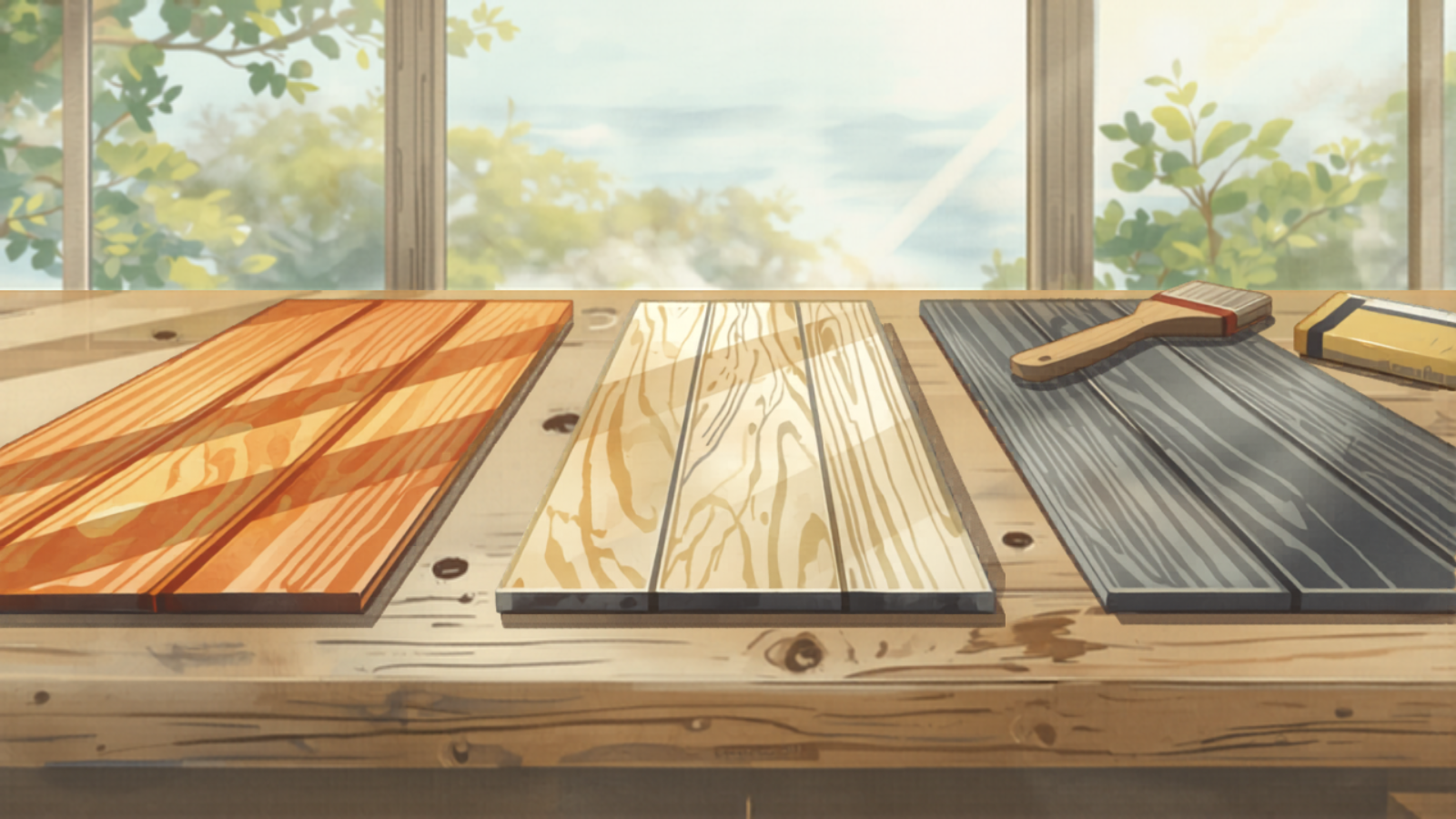 Byron Bay decking material comparison — treated pine, merbau and composite samples on a workbench, Studio Ghibli watercolor style Byron Bay decking material comparison — treated pine, merbau and composite samples on a workbench, Studio Ghibli watercolor style