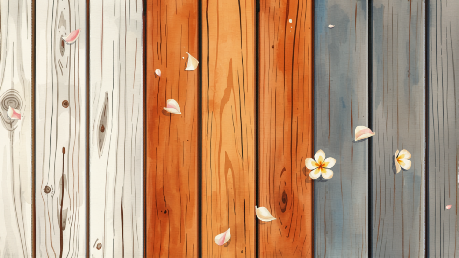 Three weathered decking sections side by side — silvered pine, oiled merbau, slate-grey composite Three weathered decking sections side by side — silvered pine, oiled merbau, slate-grey composite