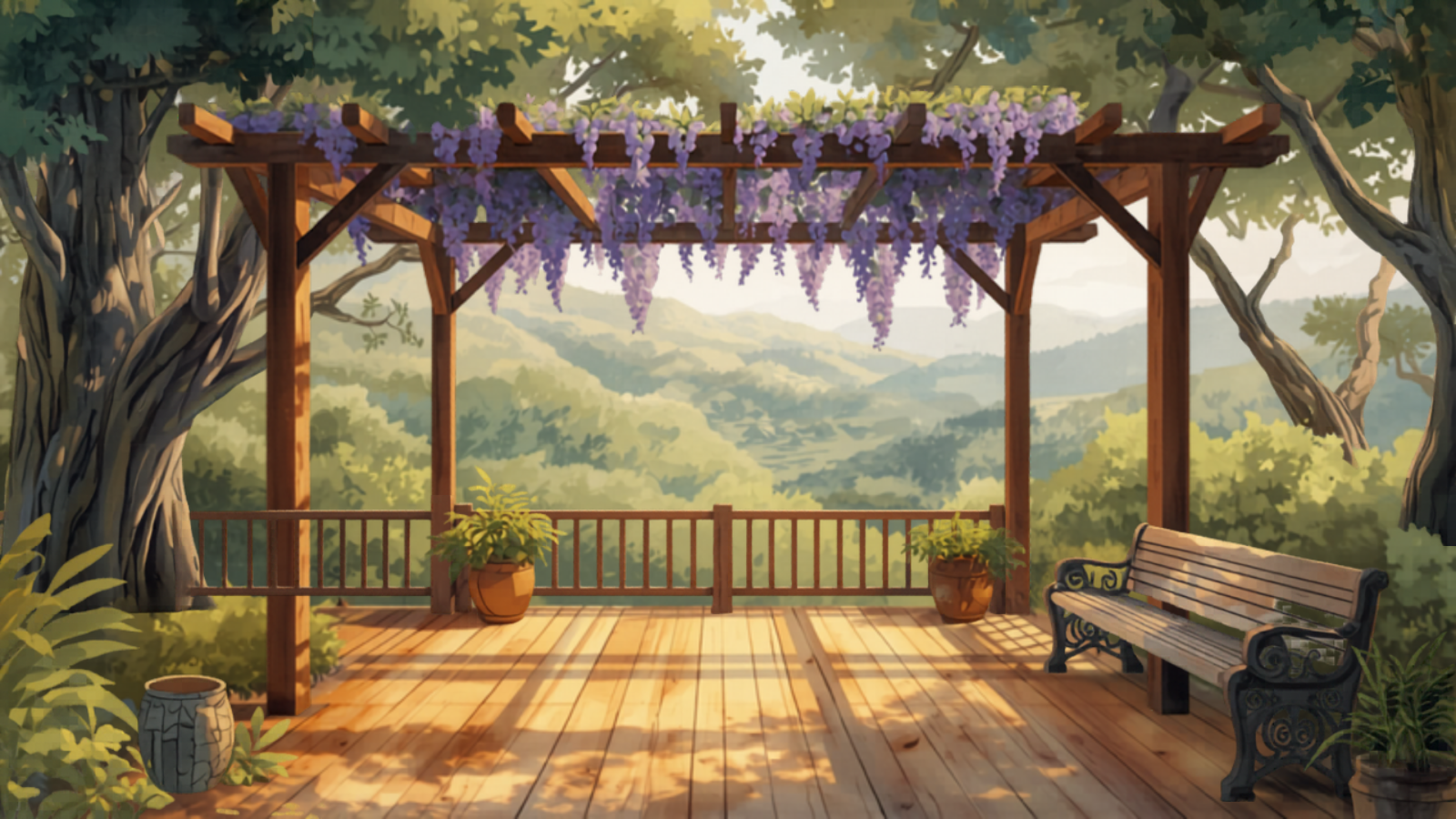 Byron Bay decking cost — timber pergola and hardwood deck at a Byron hinterland property, Bangalow palms framing the scene, vines on the pergola — Studio Ghibli watercolor Byron Bay decking cost — timber pergola and hardwood deck at a Byron hinterland property, Bangalow palms framing the scene, vines on the pergola — Studio Ghibli watercolor