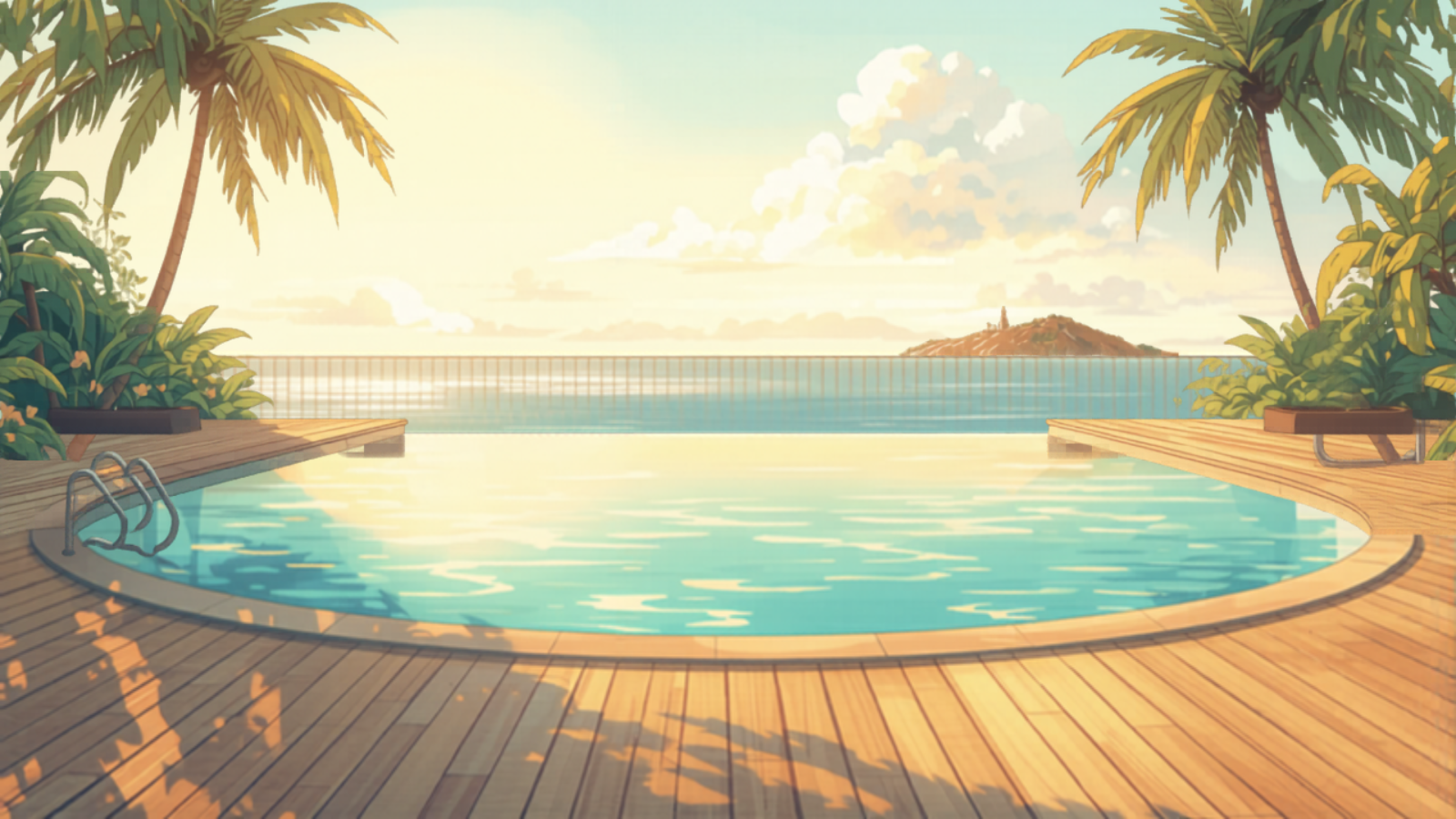 Byron Bay coastal pool surrounded by warm hardwood decking at golden hour, palms framing the scene, ocean horizon beyond — Studio Ghibli watercolor Byron Bay coastal pool surrounded by warm hardwood decking at golden hour, palms framing the scene, ocean horizon beyond — Studio Ghibli watercolor