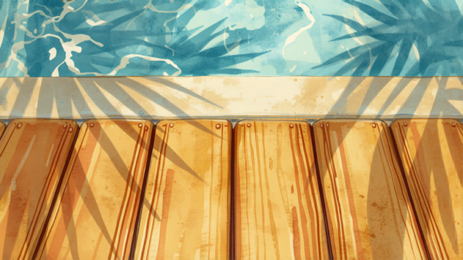 Close-up detail of grooved hardwood decking boards meeting the pool coping edge, dappled palm shadows Close-up detail of grooved hardwood decking boards meeting the pool coping edge, dappled palm shadows