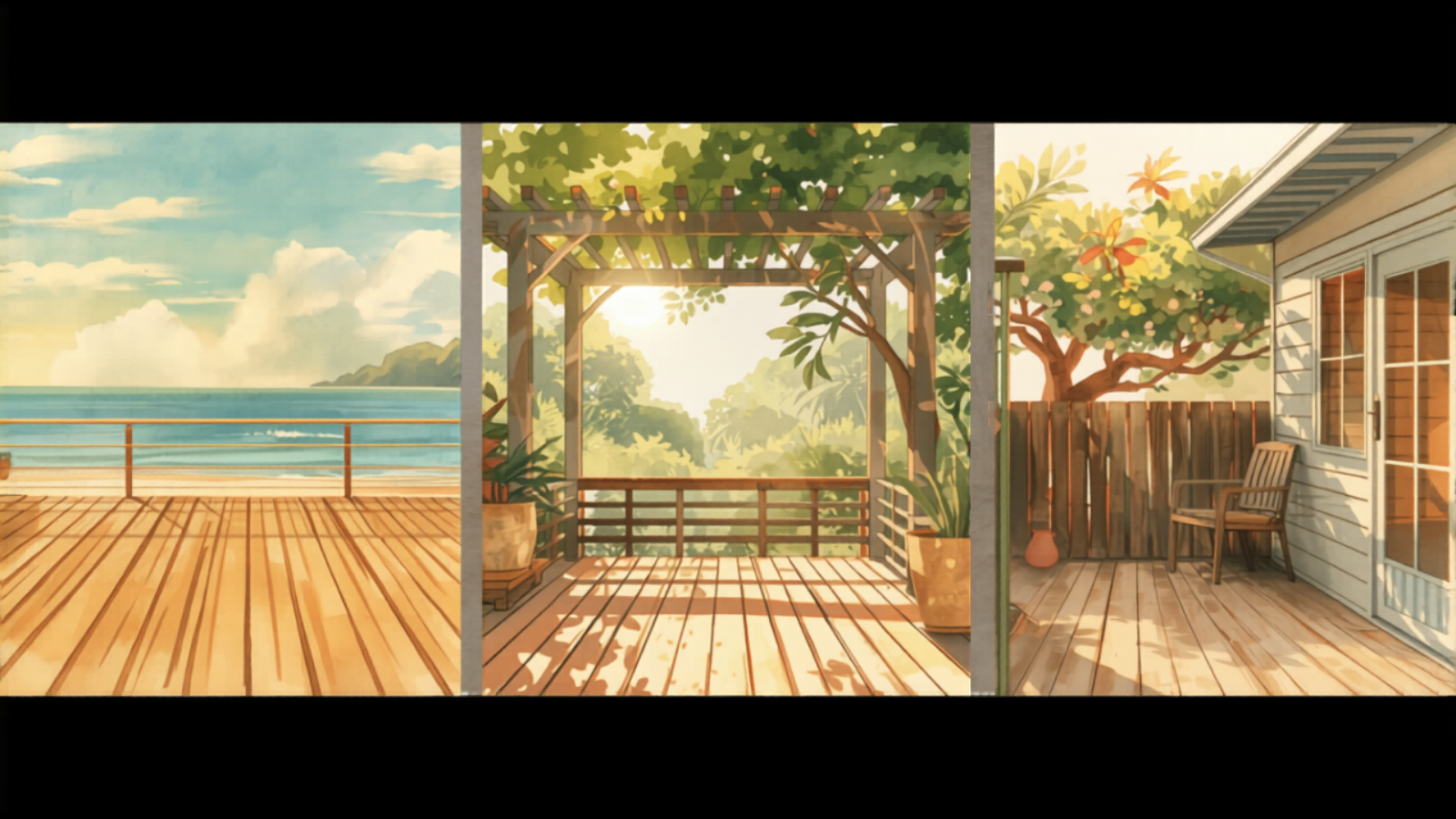 Three Byron Bay decking scenes side by side — Wategos coastal, Bangalow hinterland pergola, Mullumbimby backyard — Studio Ghibli watercolor Three Byron Bay decking scenes side by side — Wategos coastal, Bangalow hinterland pergola, Mullumbimby backyard — Studio Ghibli watercolor