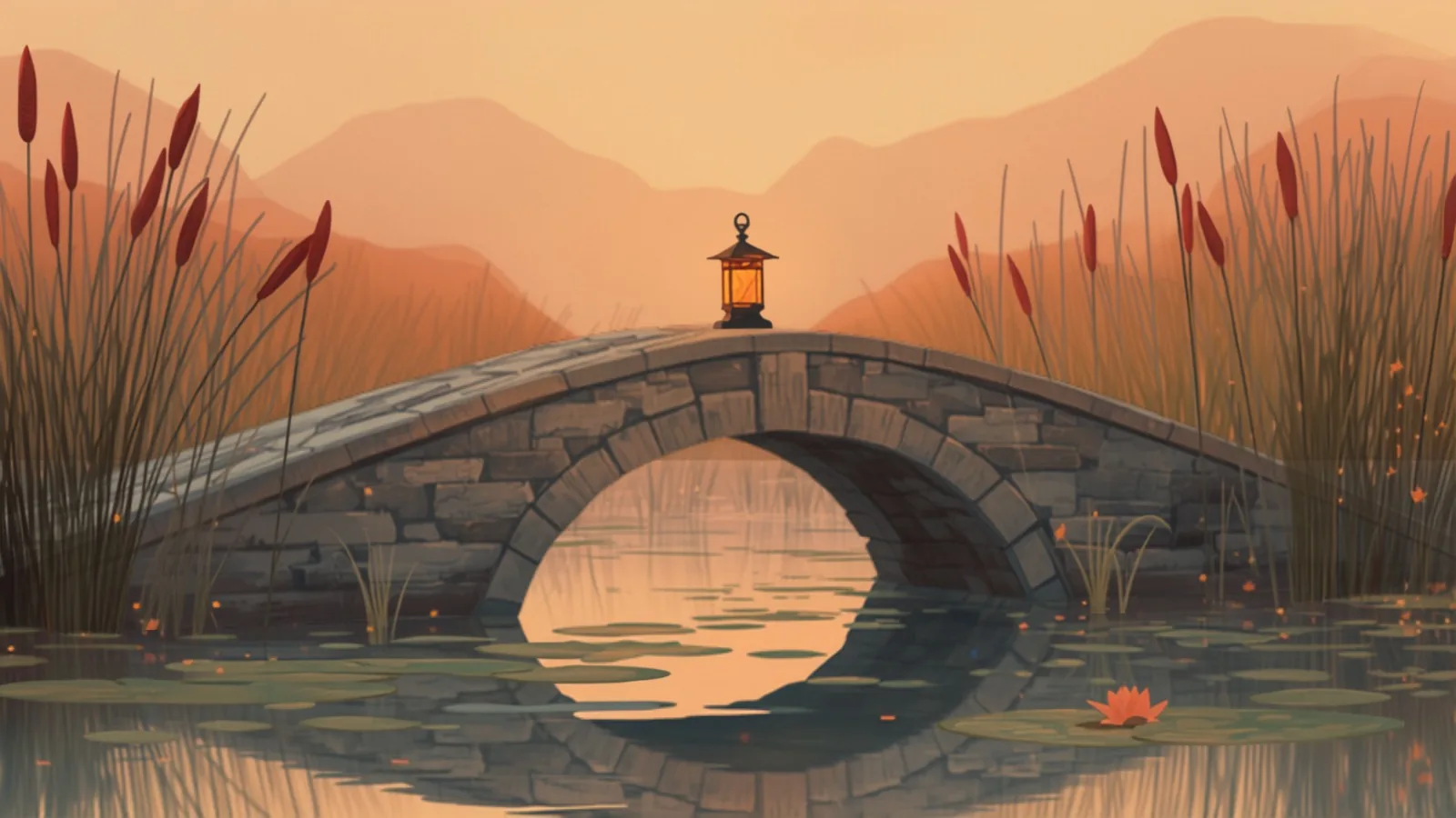 link building adelaide - A single arched stone bridge over still pond water at dusk with one warm lantern at its crest, reeds and lily pads below A single arched stone bridge over still pond water at dusk with one warm lantern at its crest, reeds and lily pads below - link building adelaide