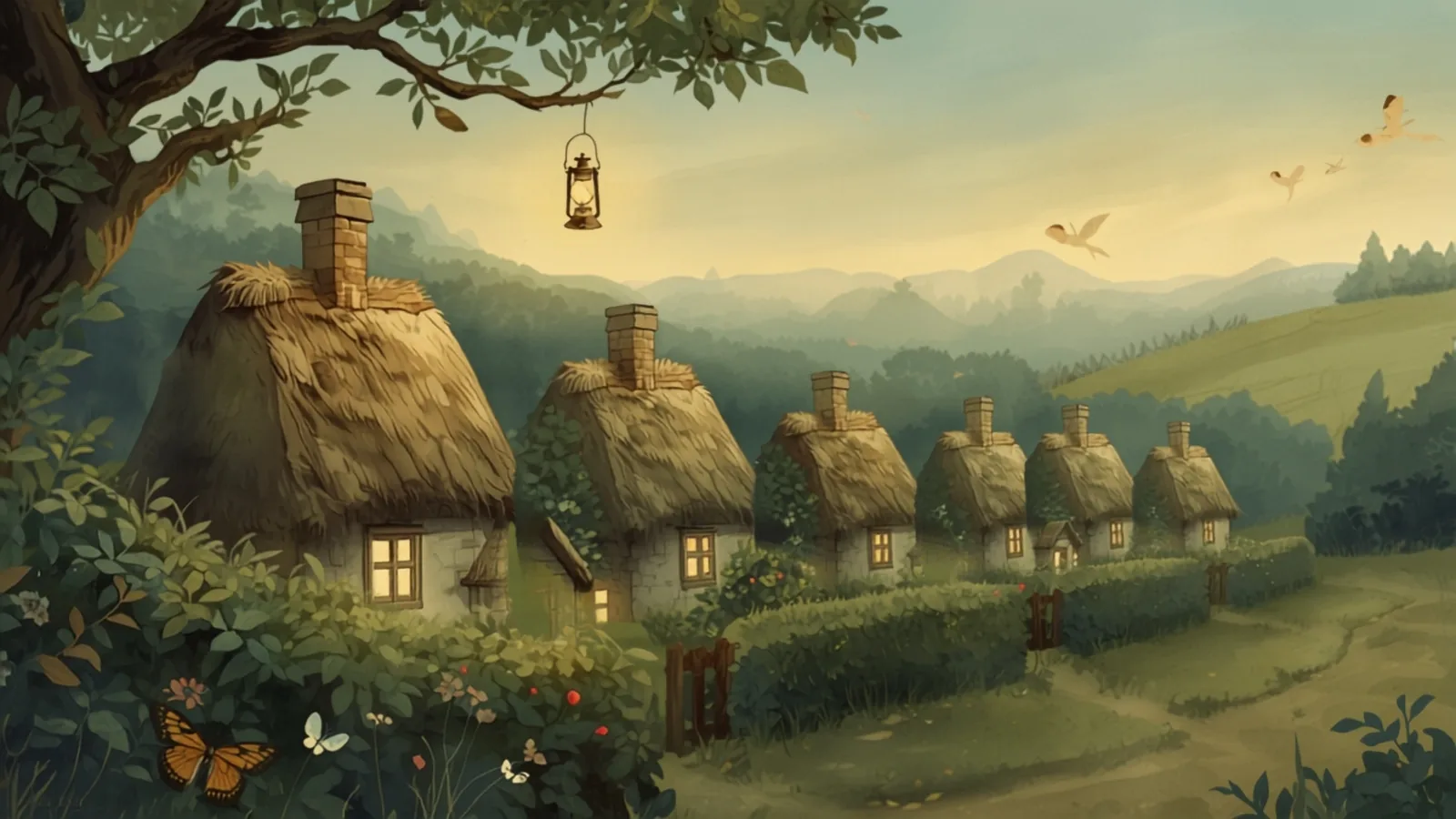 seo audit adelaide - A row of tiny thatched cottages behind hedges, warmly lit by a lantern hanging from an overhead branch at dusk A row of tiny thatched cottages behind hedges, warmly lit by a lantern hanging from an overhead branch at dusk - seo audit adelaide