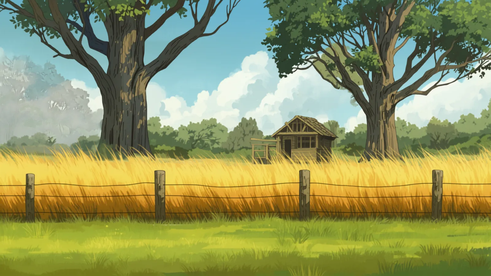 A tractor-mounted slasher cutting long paddock grass on an acreage block near Brisbane, painted in Studio Ghibli watercolour style - acreage mowing cost brisbane