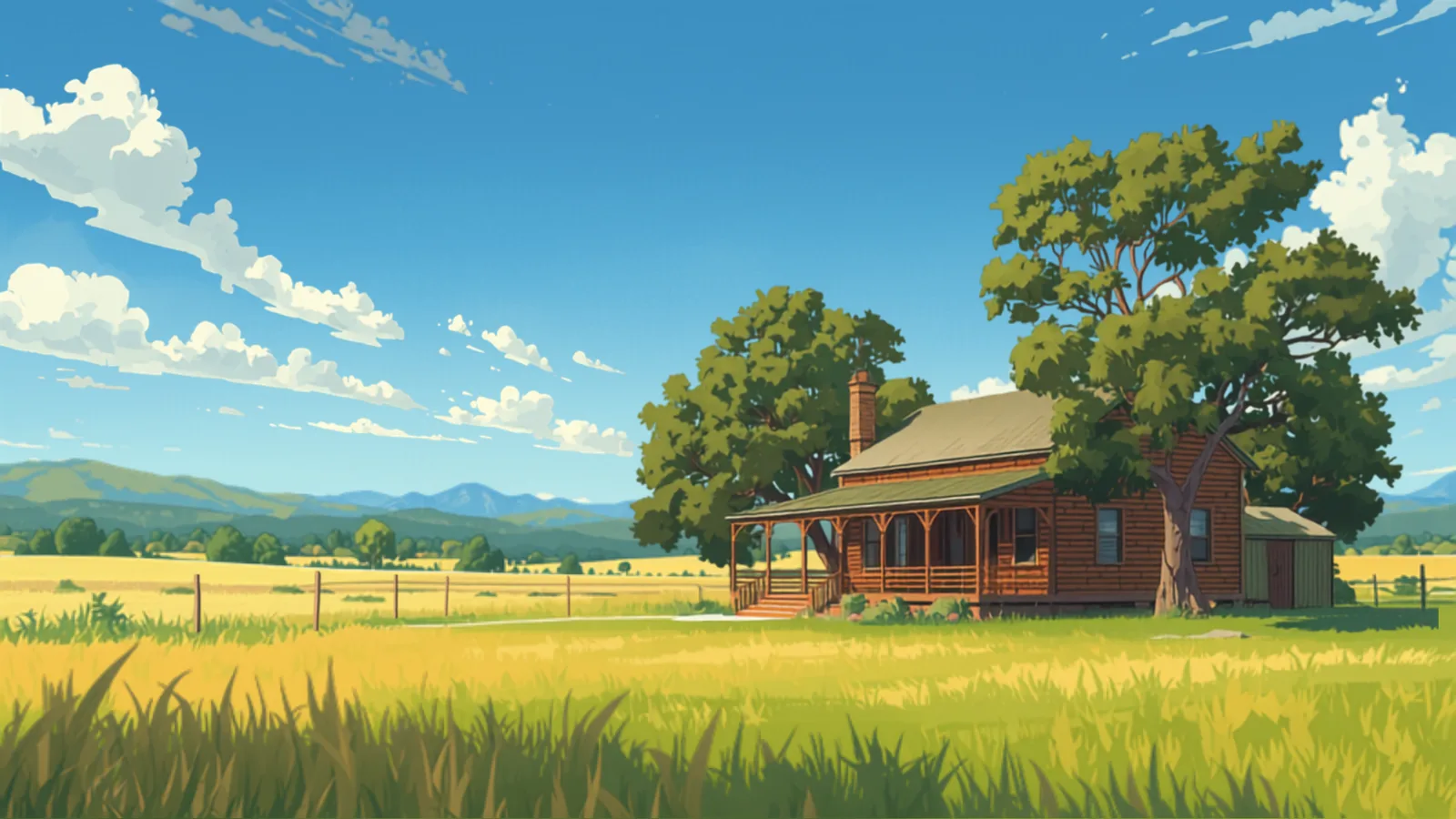 A ride-on mower cutting a wide rural-residential acreage block on the Brisbane fringe with gum trees and a dam, painted in Studio Ghibli watercolour style - acreage mowing cost brisbane