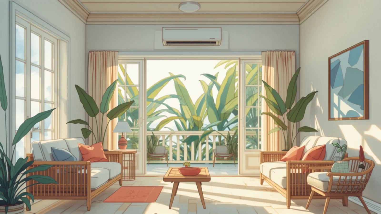 A Brisbane Queenslander living room with ducted air conditioning, Studio Ghibli watercolour - ducted air conditioning cost Brisbane