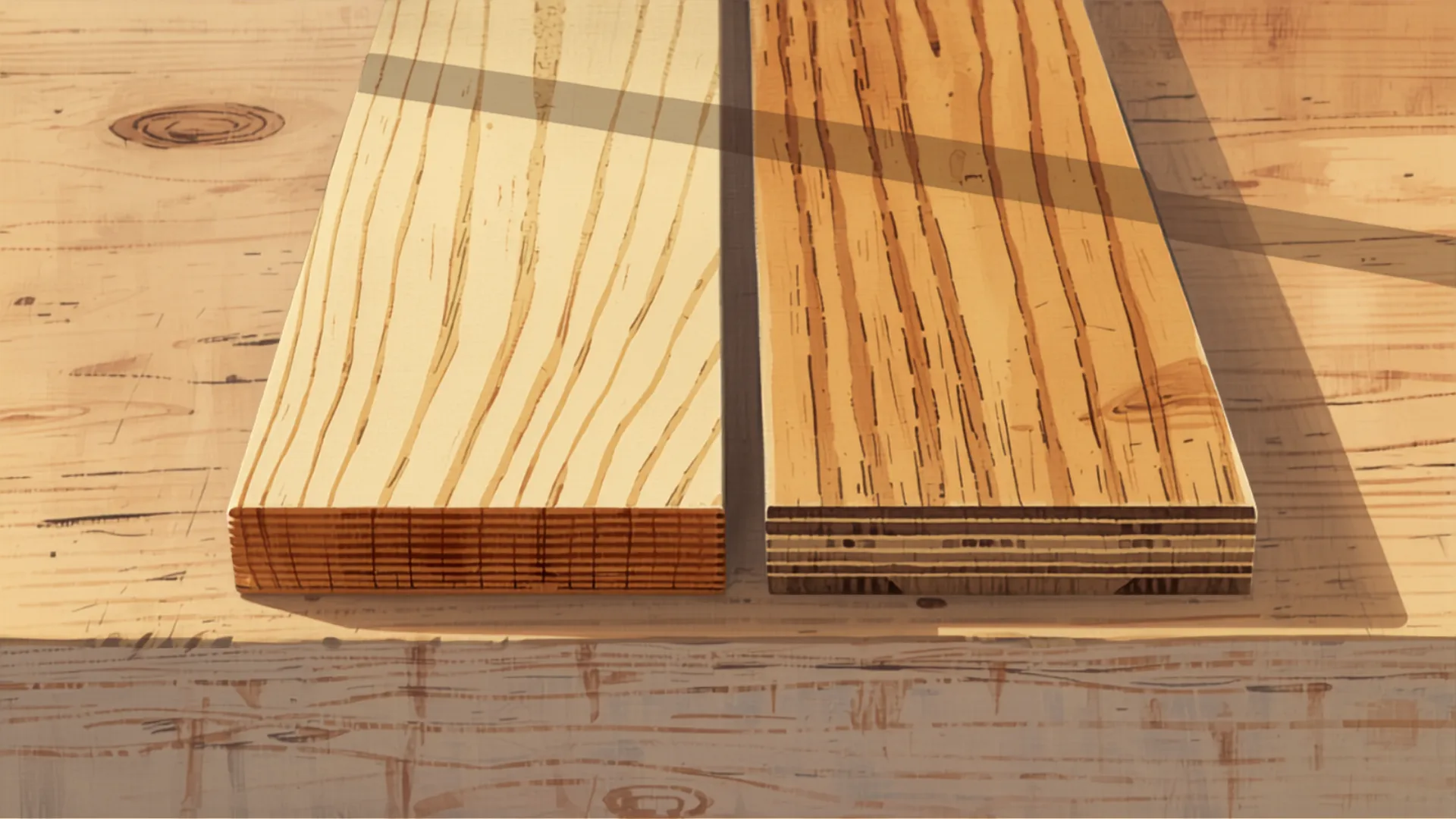 Engineered timber plank cross-section showing the hardwood wear layer over plywood core Engineered timber plank cross-section showing the hardwood wear layer over plywood core