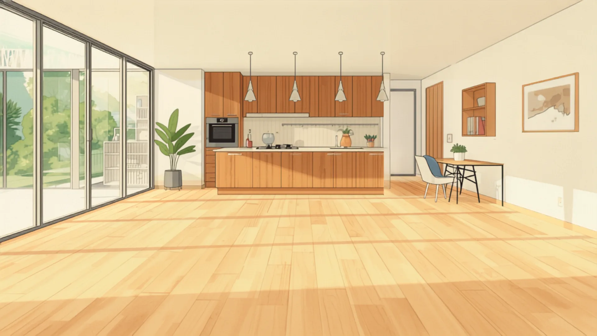 Wide vinyl plank flooring in a bright modern Brisbane open-plan living and kitchen area Wide vinyl plank flooring in a bright modern Brisbane open-plan living and kitchen area