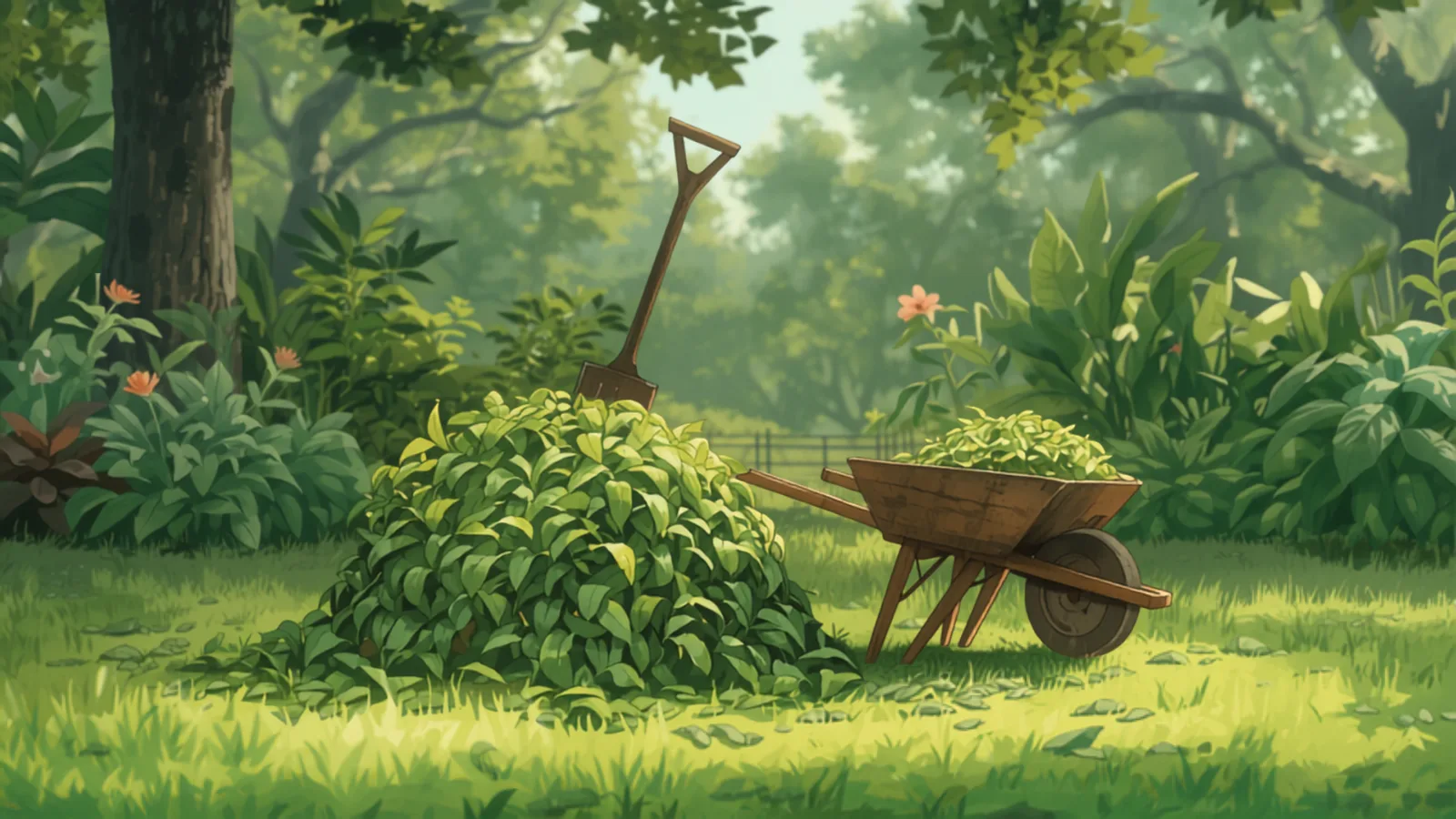 A trailer loaded with green waste and branches outside a tidied Brisbane home, painted in Studio Ghibli watercolour style - garden clean-up cost brisbane