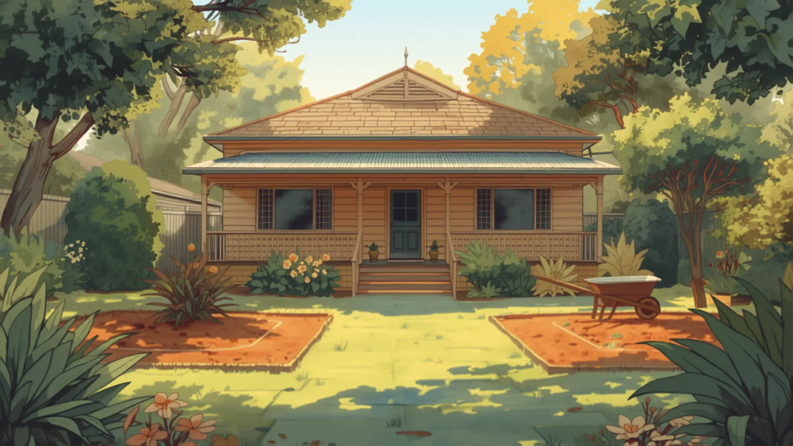 An overgrown Brisbane backyard being cleared into neat green-waste piles with a trailer at the gate, painted in Studio Ghibli watercolour style - garden clean-up cost brisbane