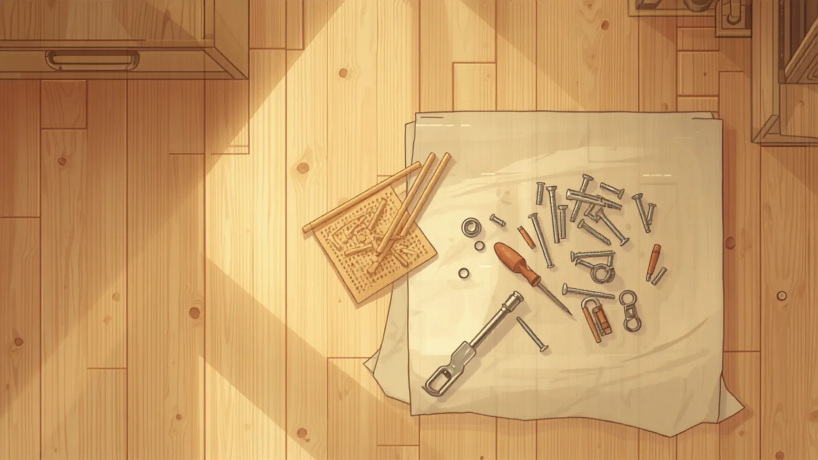 flat-pack panels and hardware laid out in order on a bedroom floor - handyman cost brisbane