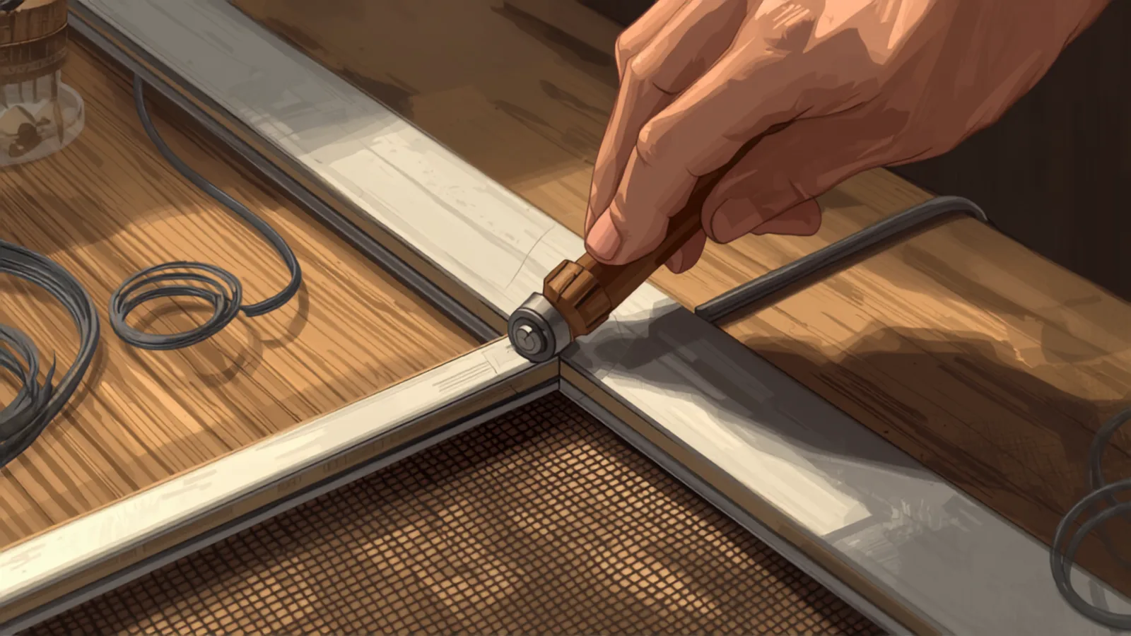 a spline roller and new mesh being fitted to an aluminium screen frame - handyman cost brisbane