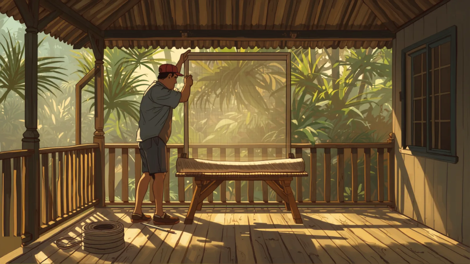 handyman cost brisbane - a handyman rolling new mesh into a window screen frame on a Brisbane verandah a handyman rolling new mesh into a window screen frame on a Brisbane verandah - handyman cost brisbane