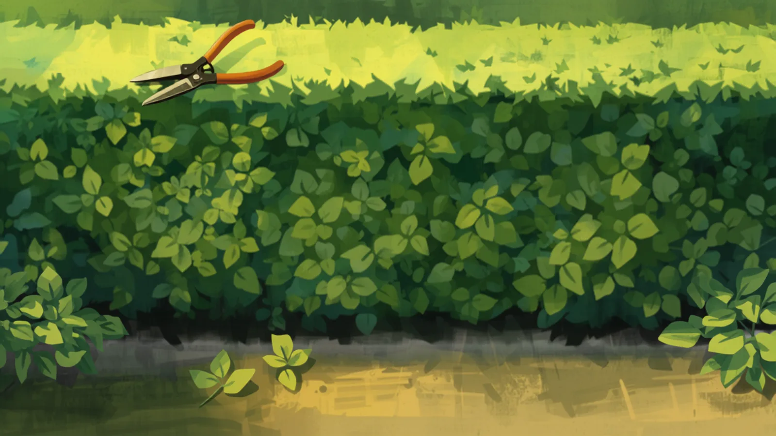 A tall murraya hedge being trimmed from a step ladder in a Brisbane yard, painted in Studio Ghibli watercolour style - hedge trimming cost brisbane