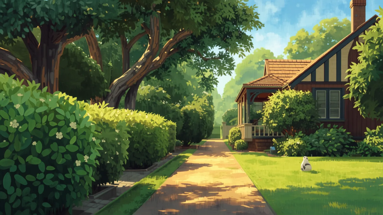 A neatly squared lilly pilly hedge being trimmed along a Brisbane front fence with clippings on a tarp, painted in Studio Ghibli watercolour style - hedge trimming cost brisbane
