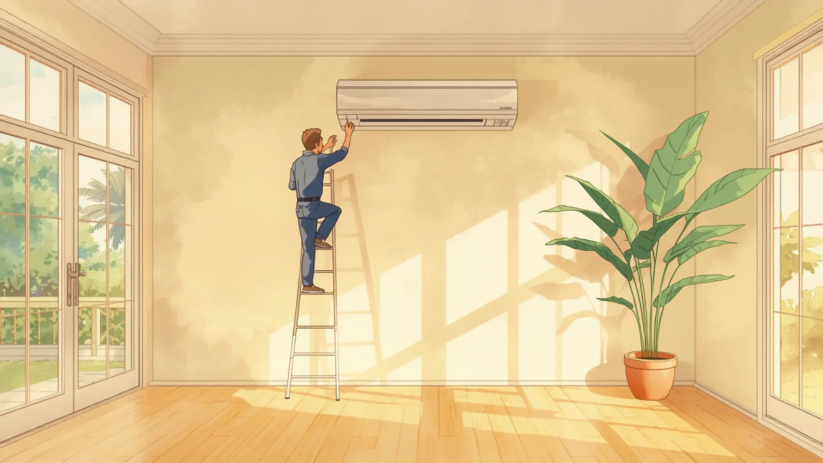 A technician installing a split-system air conditioner in a Brisbane Queenslander, Studio Ghibli watercolour - air conditioning installation cost Brisbane