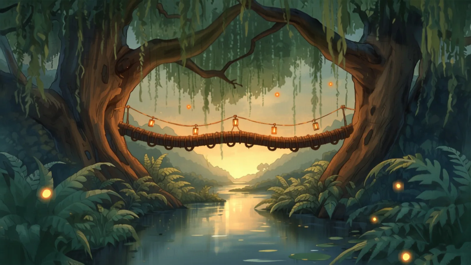 link building brisbane - A lantern-lit rope-and-plank bridge slung between two great fig trees over a quiet creek at dusk with fireflies A lantern-lit rope-and-plank bridge slung between two great fig trees over a quiet creek at dusk with fireflies - link building brisbane