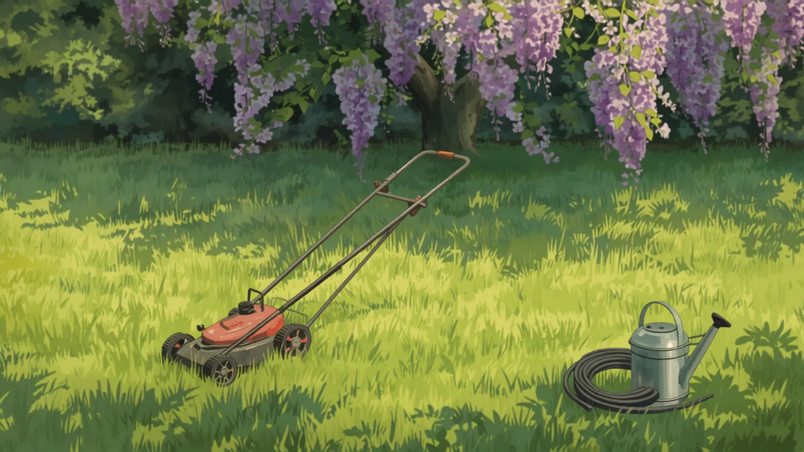 A Brisbane operator loading a mower onto a trailer at the kerb on a sunny morning, painted in Studio Ghibli watercolour style - one-off vs regular lawn mowing cost brisbane