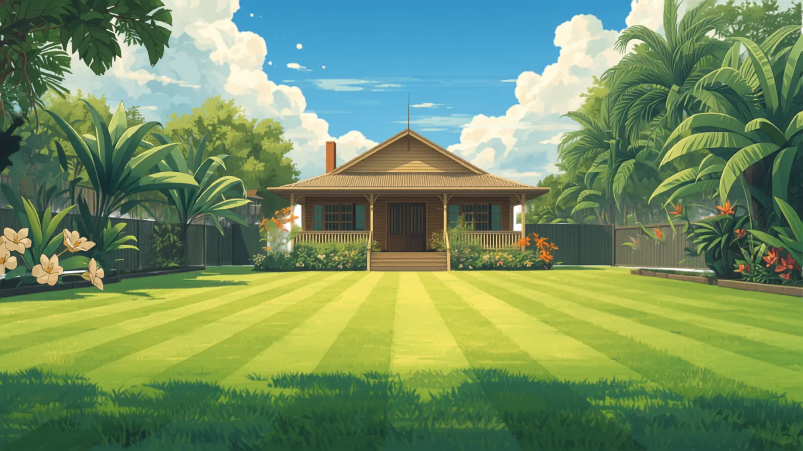 A Brisbane backyard mid-mow with a stripe pattern across couch grass, jacaranda in the background, painted in Studio Ghibli watercolour style - one-off vs regular lawn mowing cost brisbane