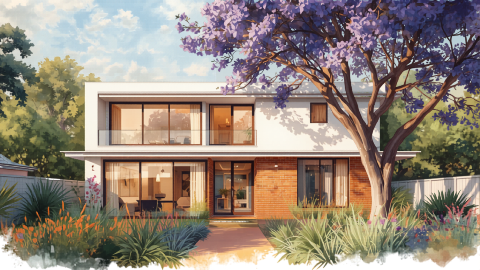 Brisbane painter cost &mdash; modern rendered home with jacaranda blossom