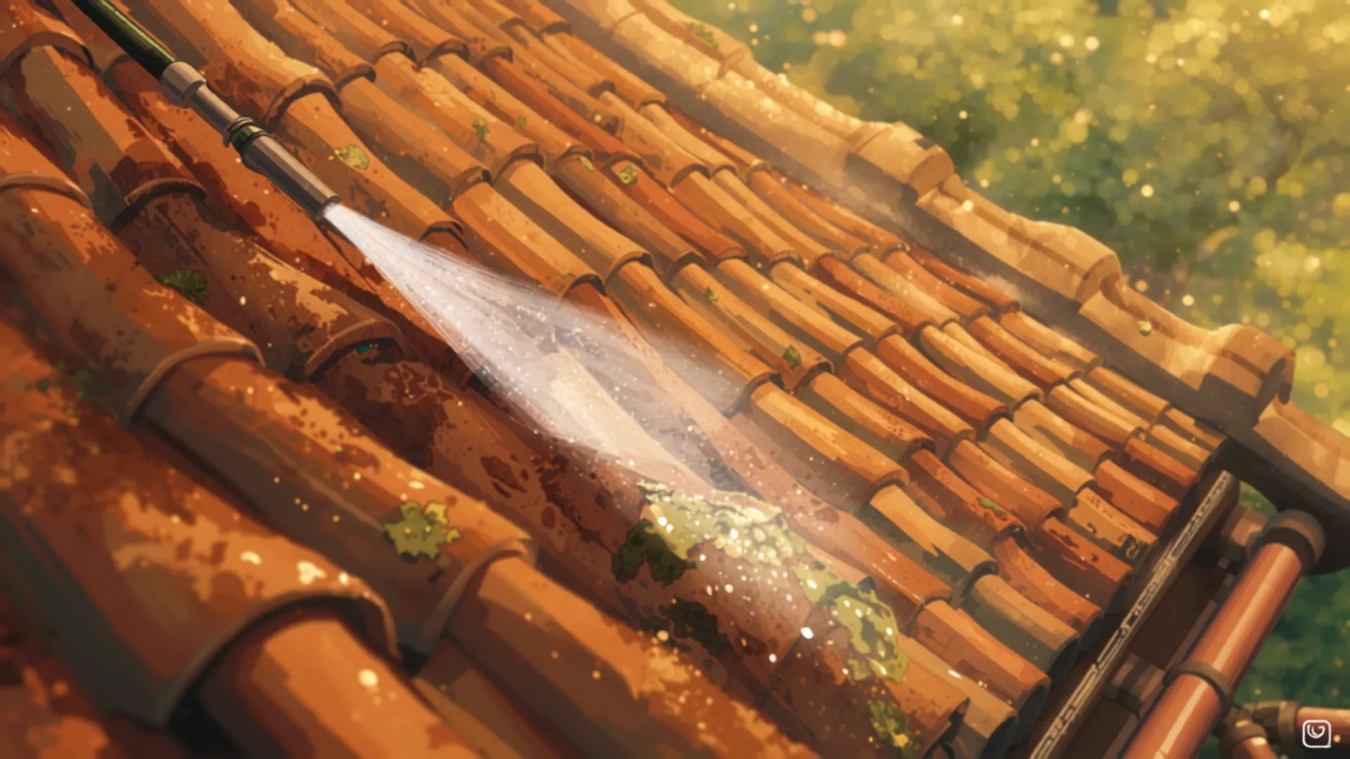 operator soft-washing moss off a tiled roof - pressure washing cost brisbane