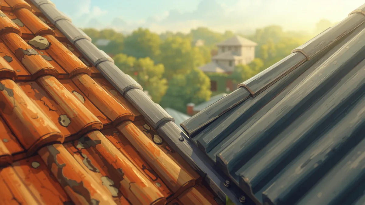 Tile-to-Colorbond conversion on a Brisbane roof, aged terracotta tiles meeting new Colorbond sheeting