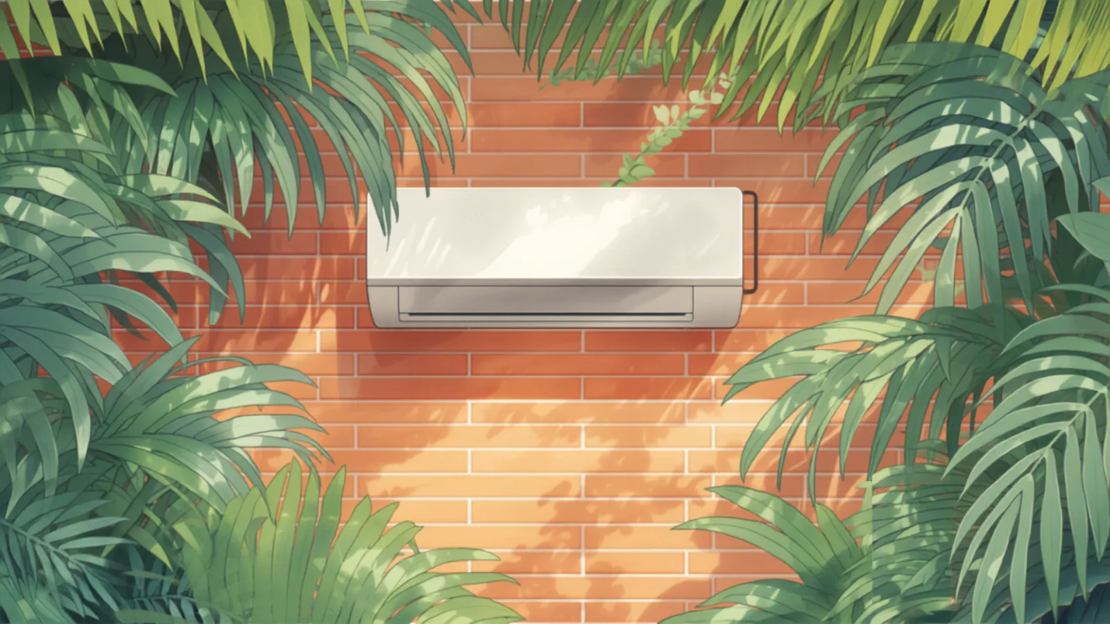 A split-system air conditioner on a Brisbane home exterior, Studio Ghibli watercolour - split system installation cost Brisbane