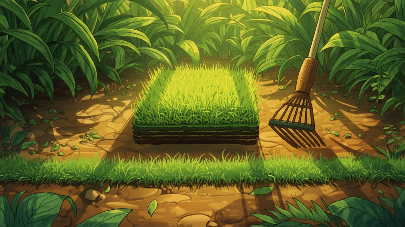 A pallet of turf rolls delivered to a Brisbane kerb beside a rotary-hoed garden bed, painted in Studio Ghibli watercolour style - turf laying cost brisbane