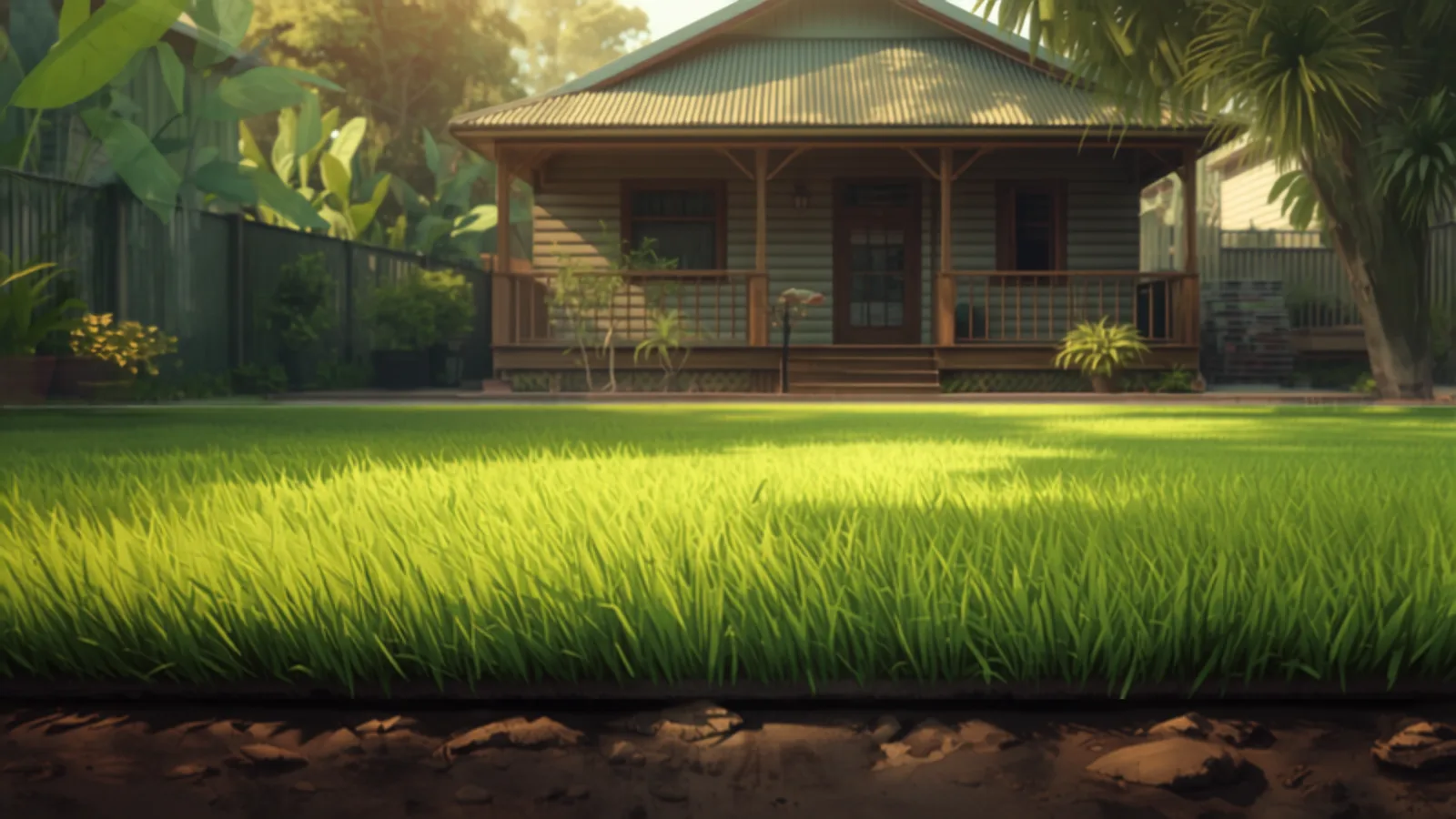 Fresh rolls of buffalo turf being laid across a prepared Brisbane backyard with a string line, painted in Studio Ghibli watercolour style - turf laying cost brisbane
