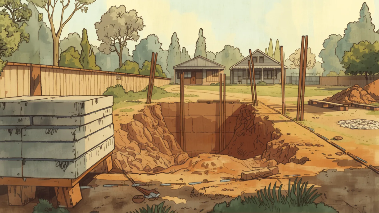 retaining wall cost canberra - Concrete sleeper panels stacked beside an open post hole with steel posts set in a line on a bare dirt site Concrete sleeper panels stacked beside an open post hole with steel posts set in a line on a bare dirt site - retaining wall cost canberra