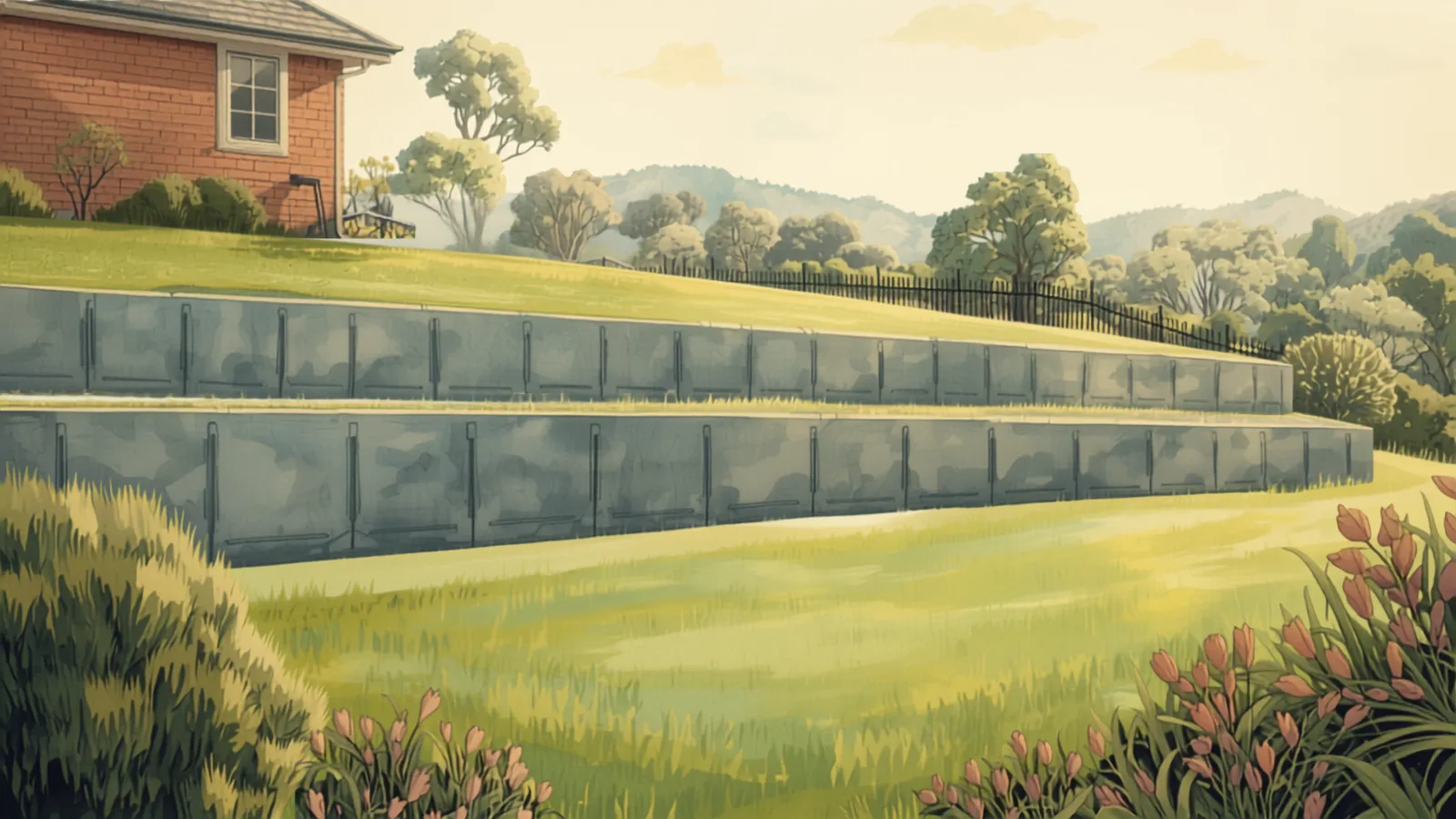 retaining wall cost canberra - A two tier concrete sleeper retaining wall stepping across a sloping lawn below a brick house A two tier concrete sleeper retaining wall stepping across a sloping lawn below a brick house - retaining wall cost canberra
