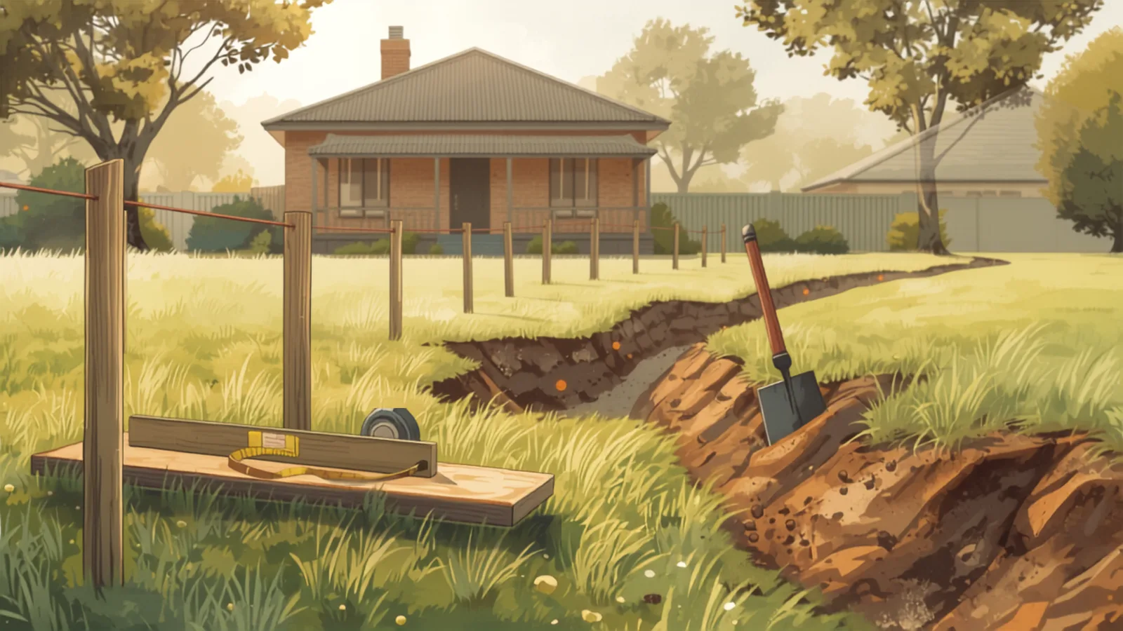 A string line on timber pegs and a tape measure beside an open trench with a shovel standing in the spoil - retaining wall cost canberra