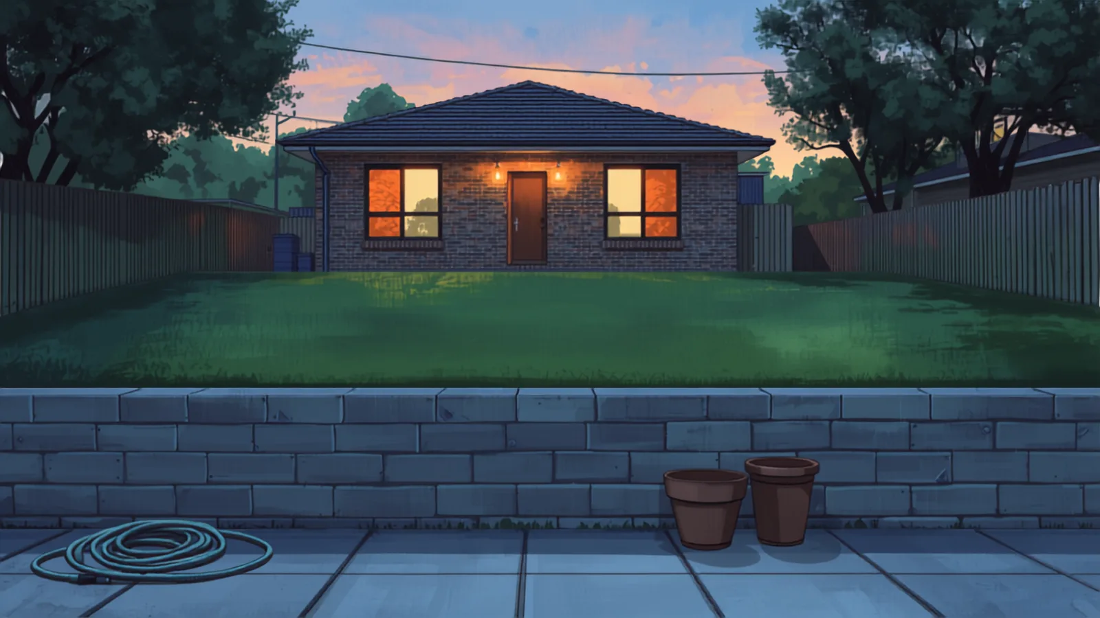 A block retaining wall holding a raised lawn above a paved yard at dusk with a lit brick house behind - retaining wall cost canberra
