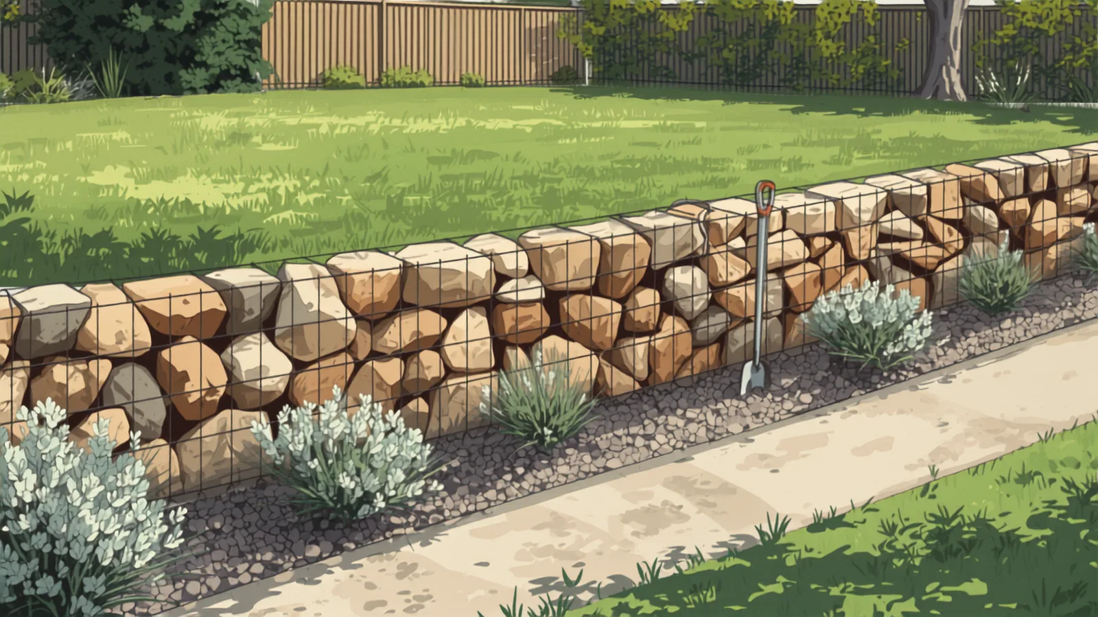A wire basket gabion wall packed with angular rock above a gravel bed of silver foliage - retaining wall cost canberra