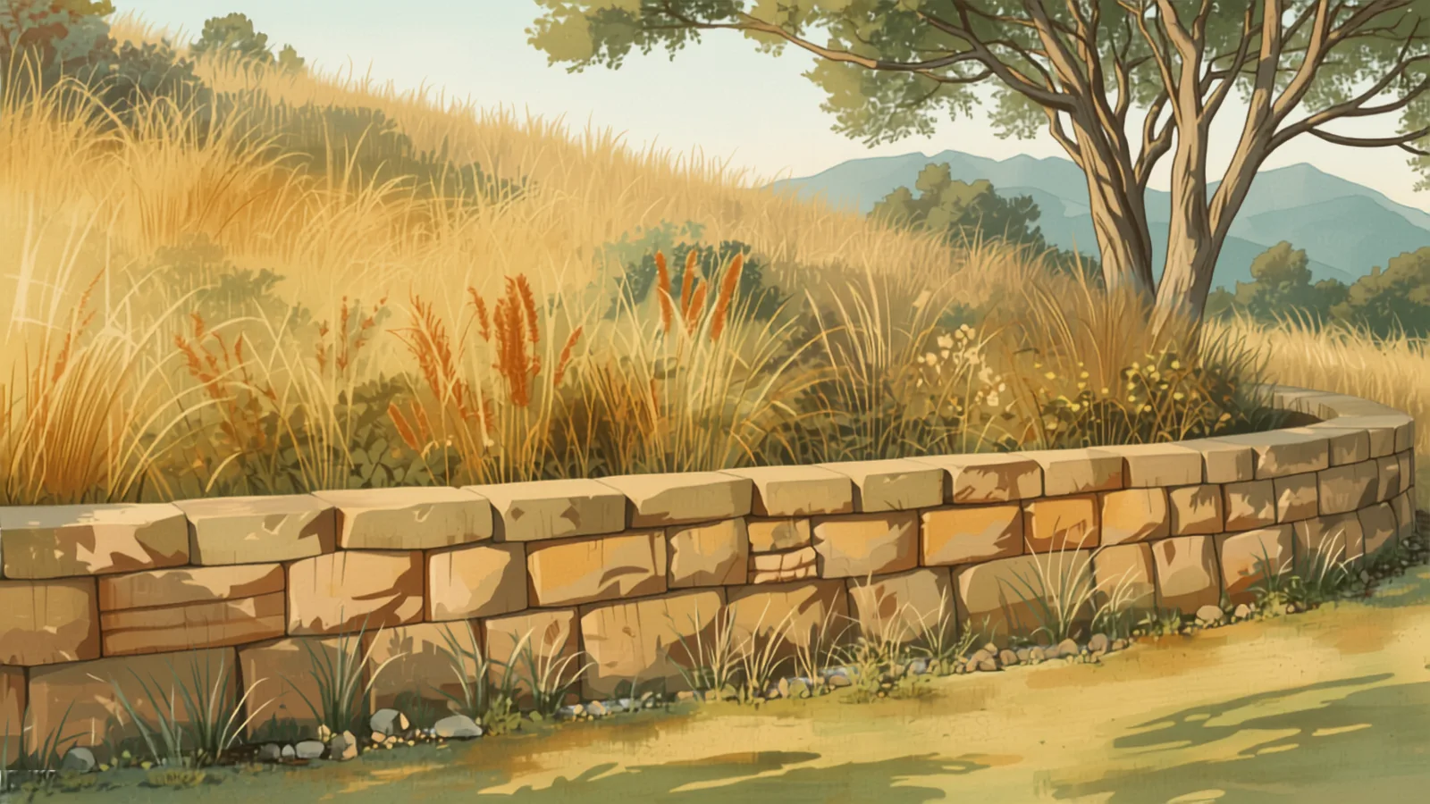 A sandstone block retaining wall curving around a raised bed of dry ornamental grasses - retaining wall cost canberra