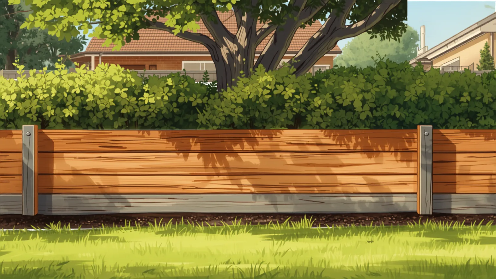 A low timber sleeper retaining wall between galvanised steel posts holding a shrub bed above a mown lawn - retaining wall cost canberra