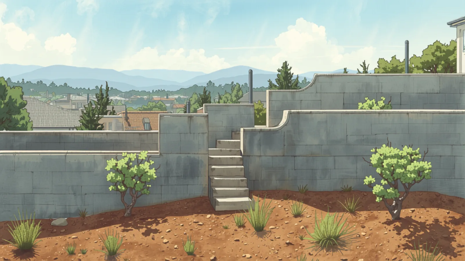 retaining wall cost canberra - Tall stepped block retaining walls rising in tiers with concrete steps between the levels above bare earth Tall stepped block retaining walls rising in tiers with concrete steps between the levels above bare earth - retaining wall cost canberra