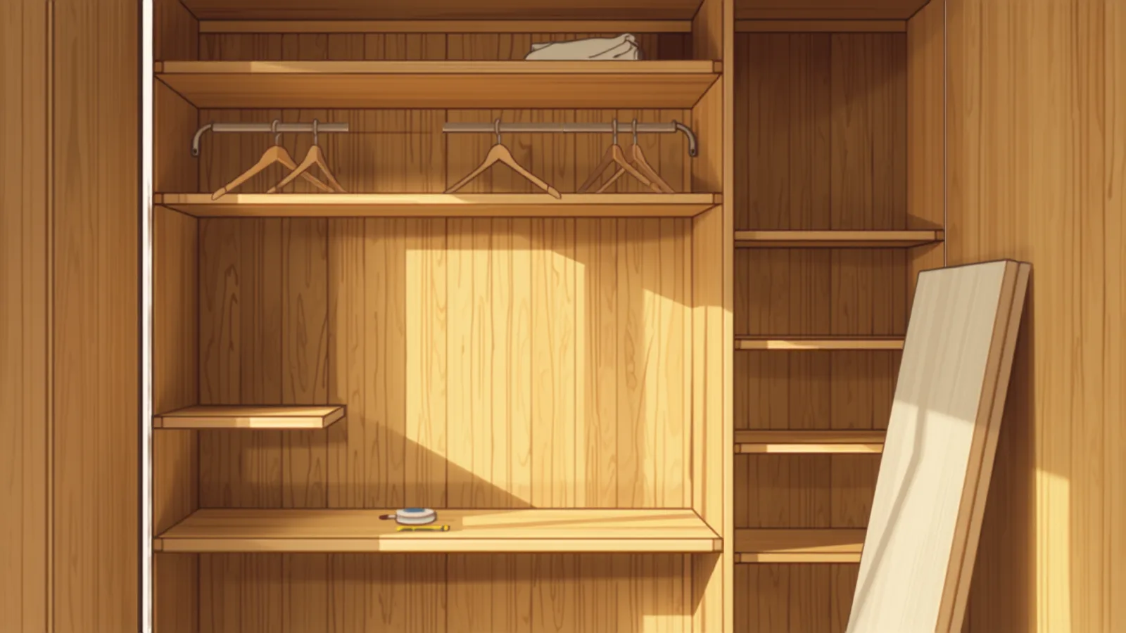 Timber shelving and hanging rail inside a part-finished built-in wardrobe - built-in wardrobe cost Adelaide - carpenter cost adelaide