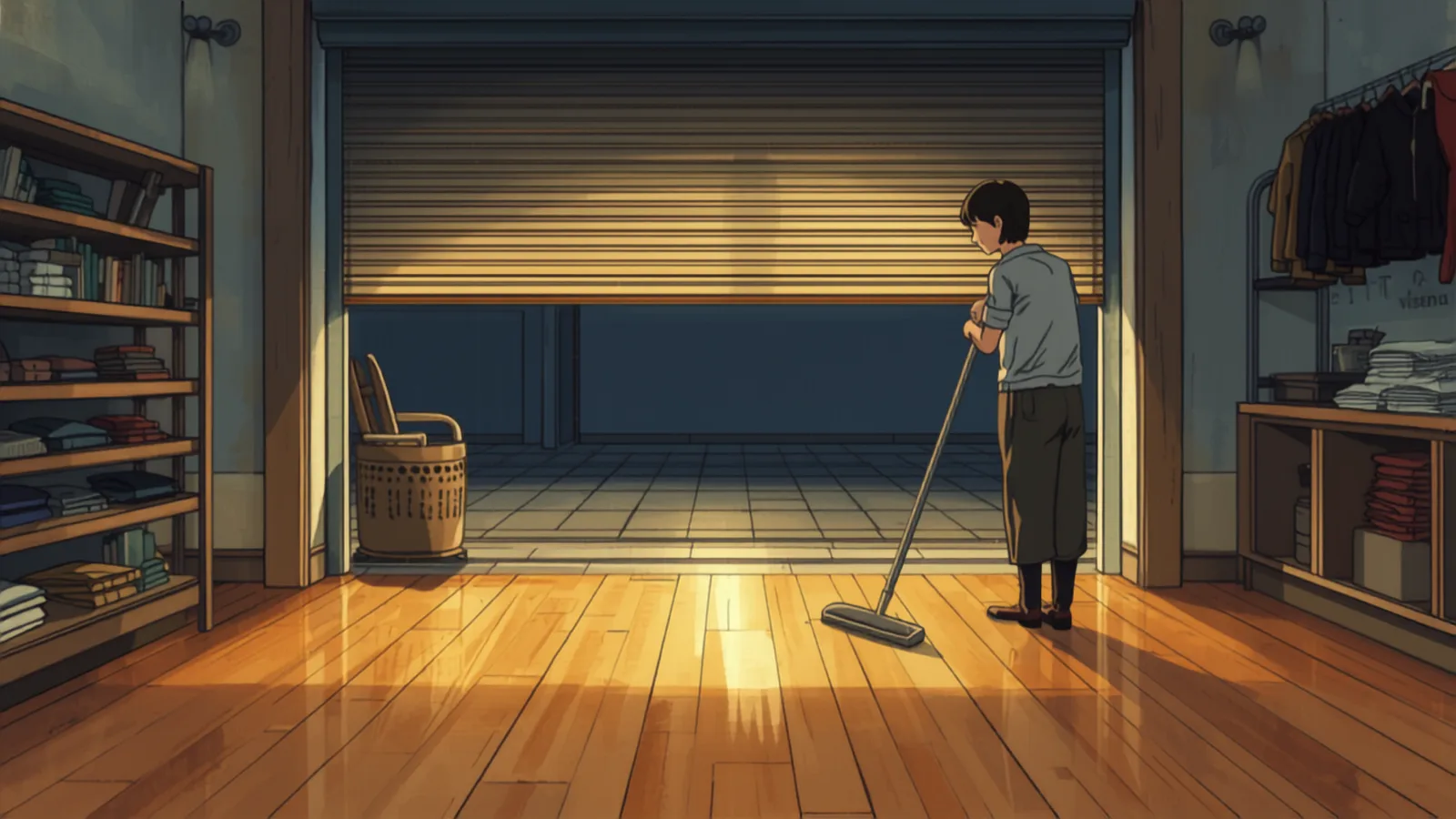 commercial cleaning cost sydney - A shopfront being cleaned after closing with the roller grille half down and polished floor reflecting the lights A shopfront being cleaned after closing with the roller grille half down and polished floor reflecting the lights - commercial cleaning cost sydney