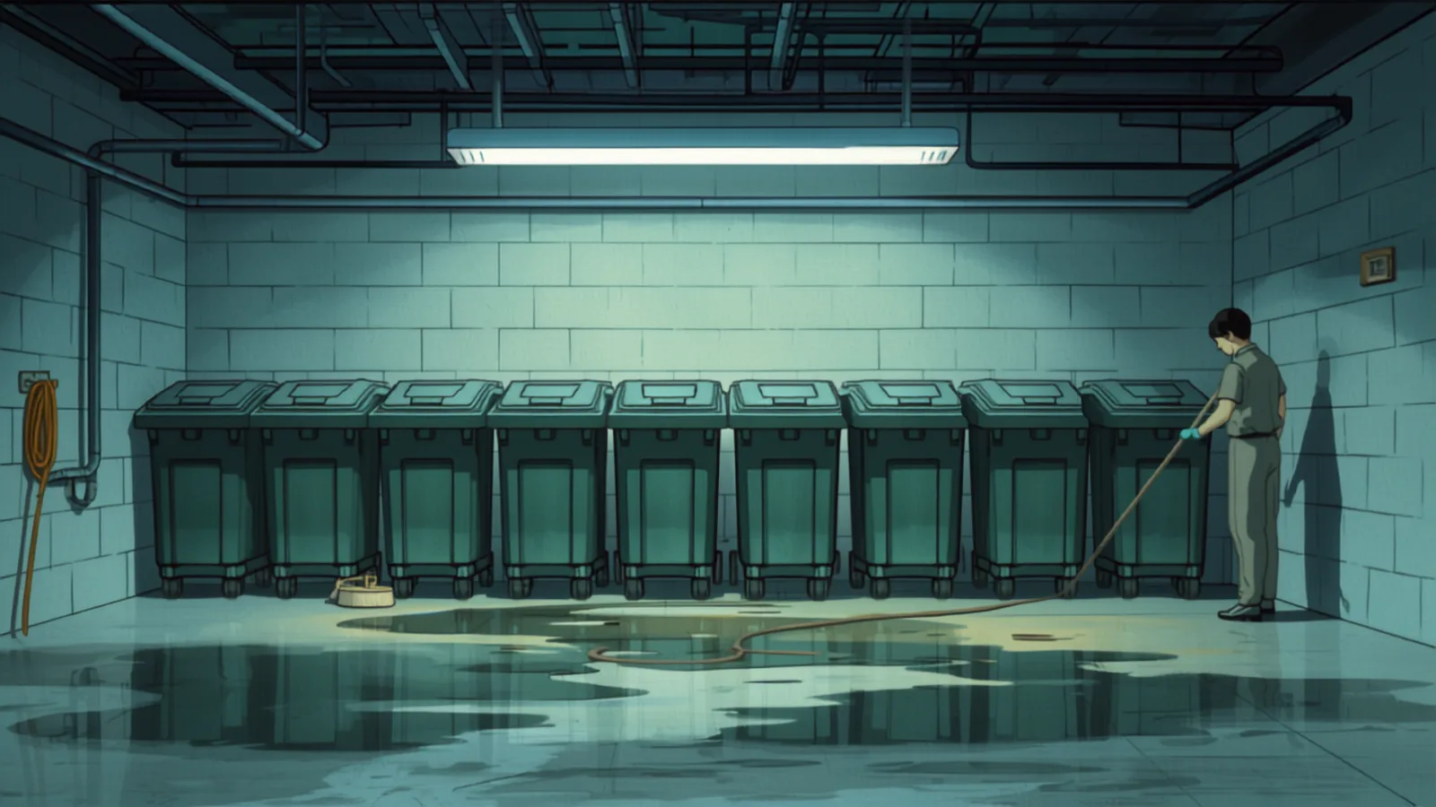 A basement garbage room with bins lined up against the wall being hosed and wiped down - commercial cleaning cost sydney