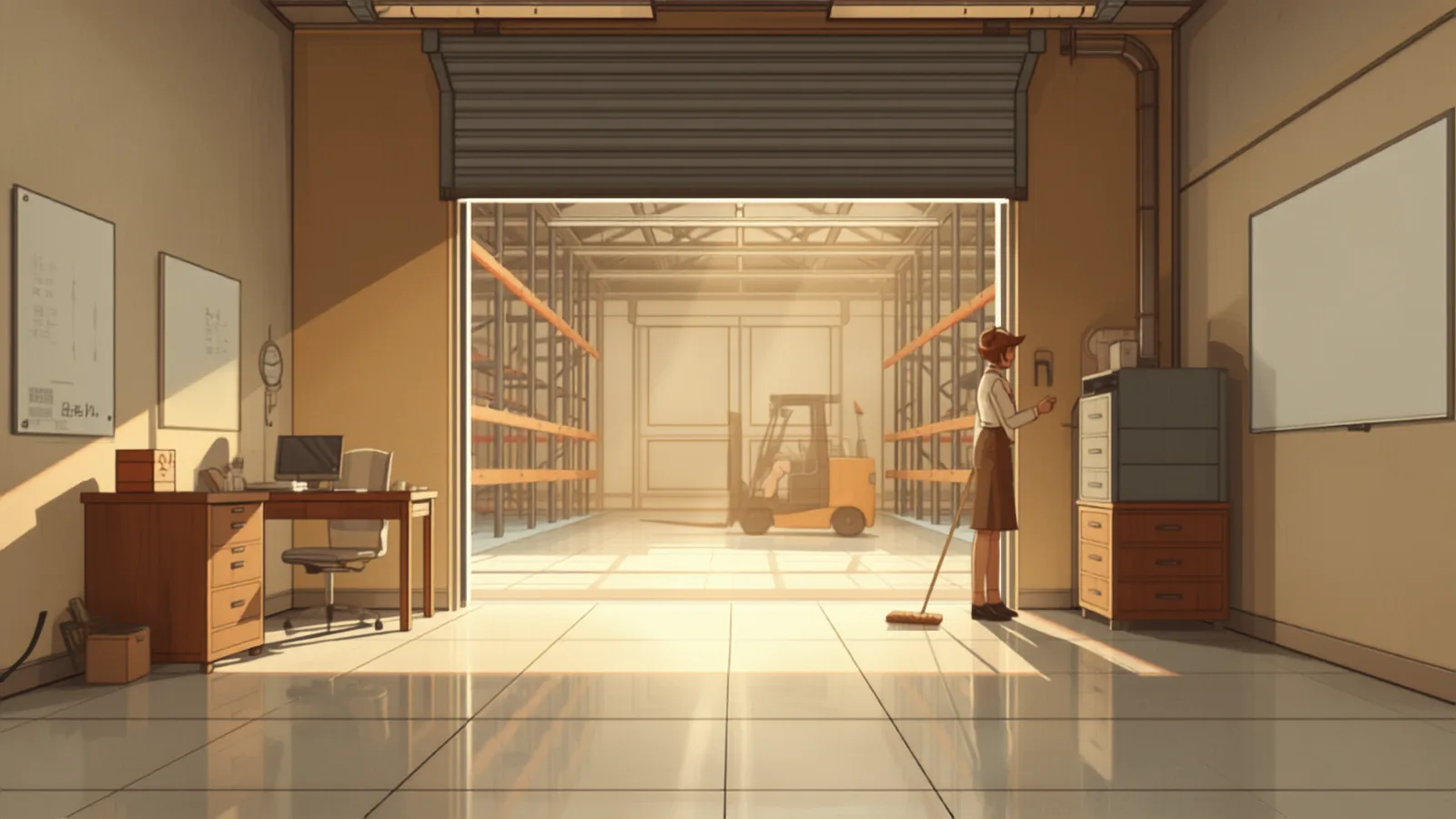 commercial cleaning cost sydney - A cleaner mopping the tiled floor of a small site office attached to a warehouse with the roller door open behind A cleaner mopping the tiled floor of a small site office attached to a warehouse with the roller door open behind - commercial cleaning cost sydney