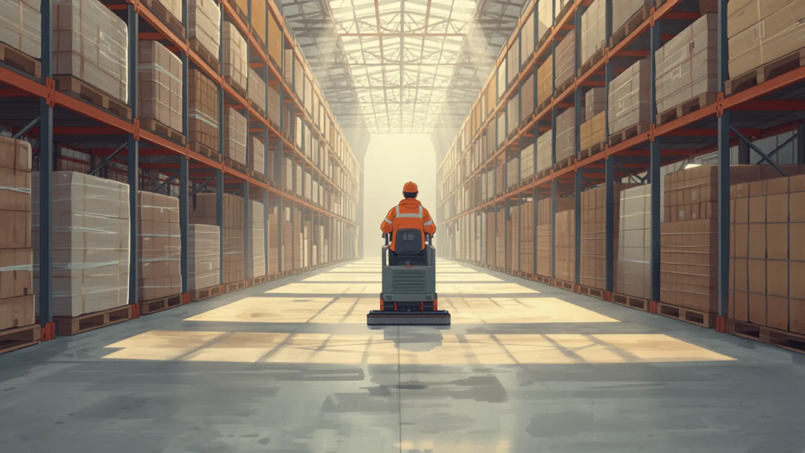 commercial cleaning cost sydney - A ride on floor scrubber working down a concrete warehouse aisle with racking on both sides A ride on floor scrubber working down a concrete warehouse aisle with racking on both sides - commercial cleaning cost sydney