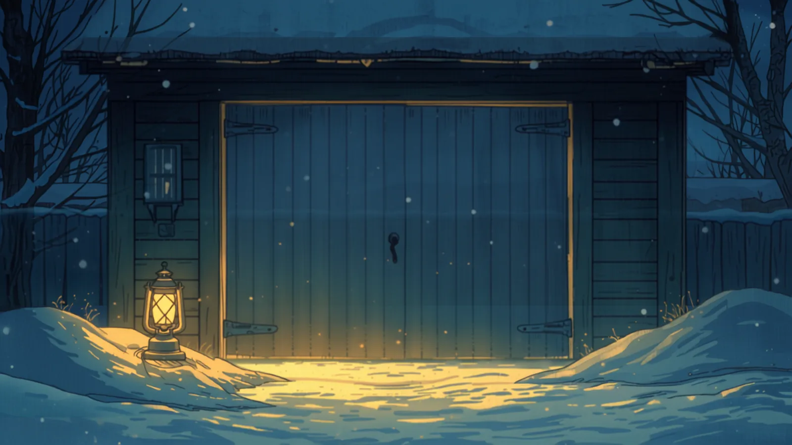 Insulated garage door prices — warm light behind a closed insulated door on a cold evening Warm light spilling from a workshop behind a closed insulated door on a cold blue evening — insulated garage door prices