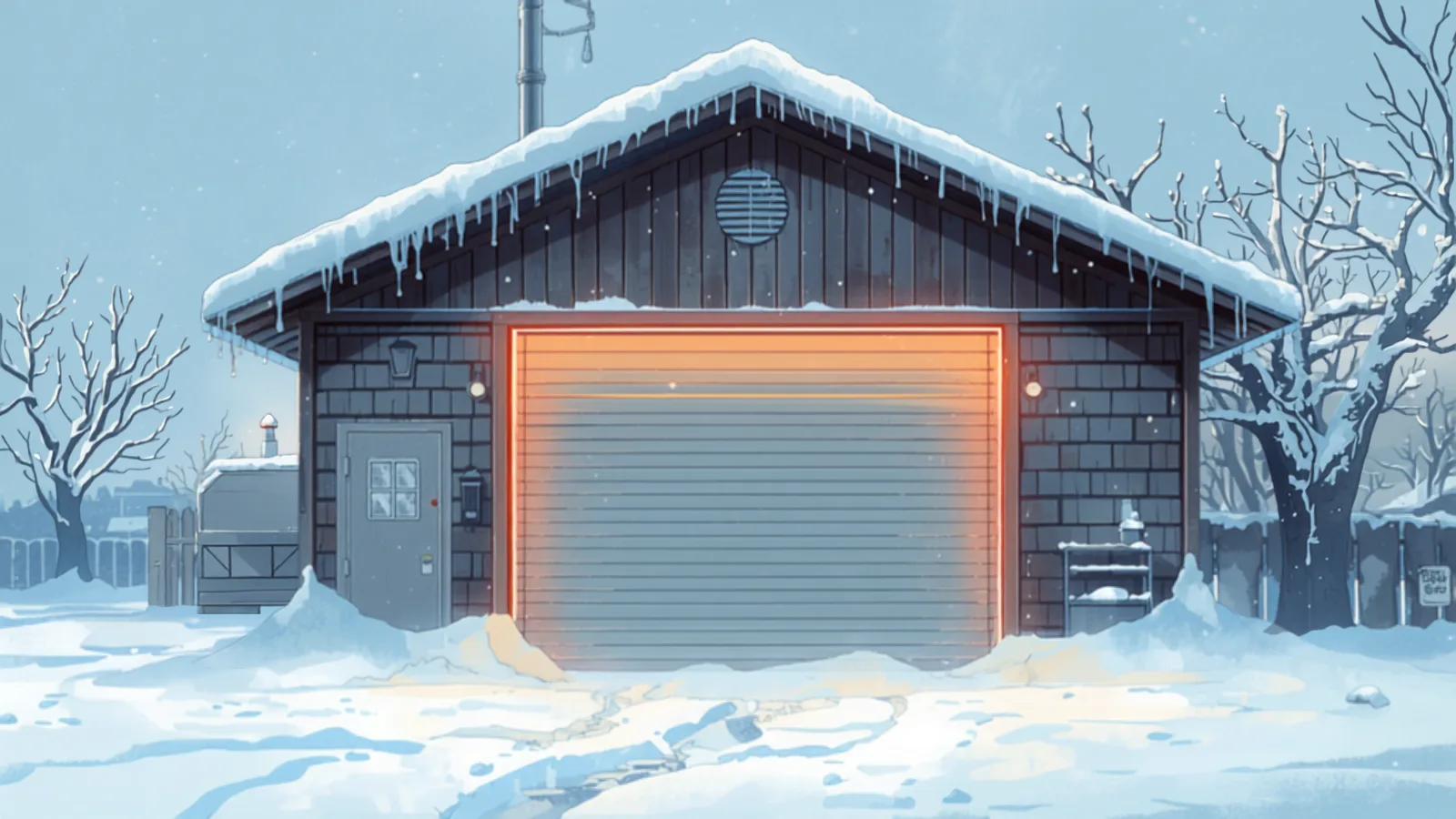 Insulated garage door prices — a frost-covered garage in falling snow, its roller door frost-free and glowing warm A frost-covered garage in falling snow, its roller door frost-free and glowing warm — insulated garage door prices