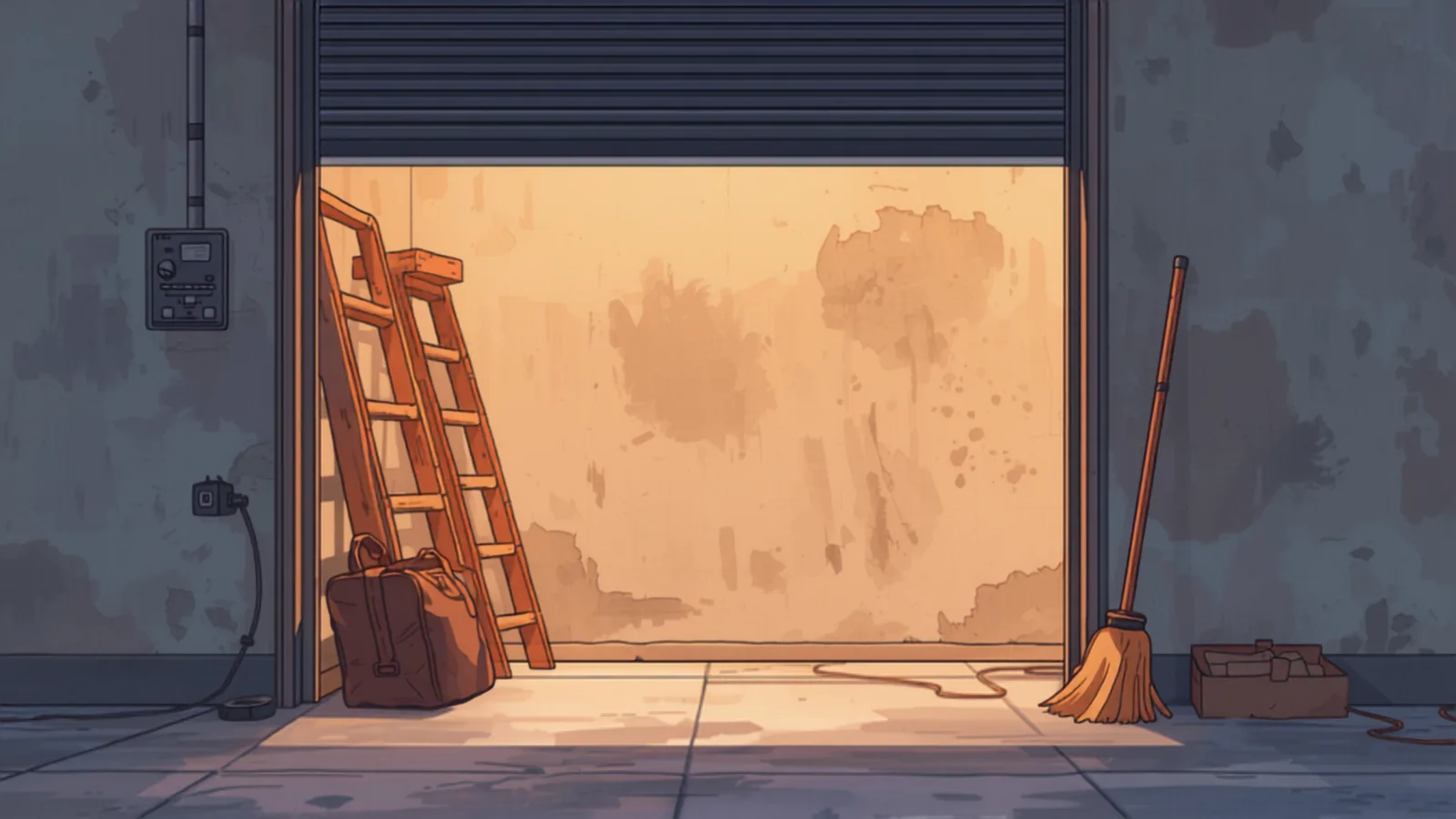 Roll-A-Door prices — an installer’s ladder and toolbag under a half-open rolled door on a light industrial unit An installer’s ladder and toolbag under a half-open rolled door on a light industrial unit — roll-a-door prices
