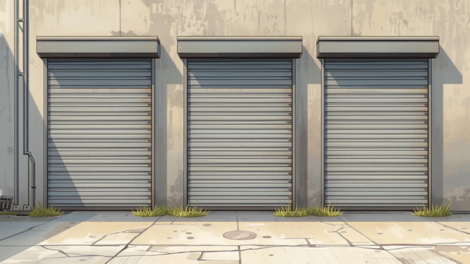 Industrial roller door prices — three roller shutter curtains of similar width against a weathered workshop wall Three roller shutter curtains of similar width against a weathered workshop wall — industrial roller door prices