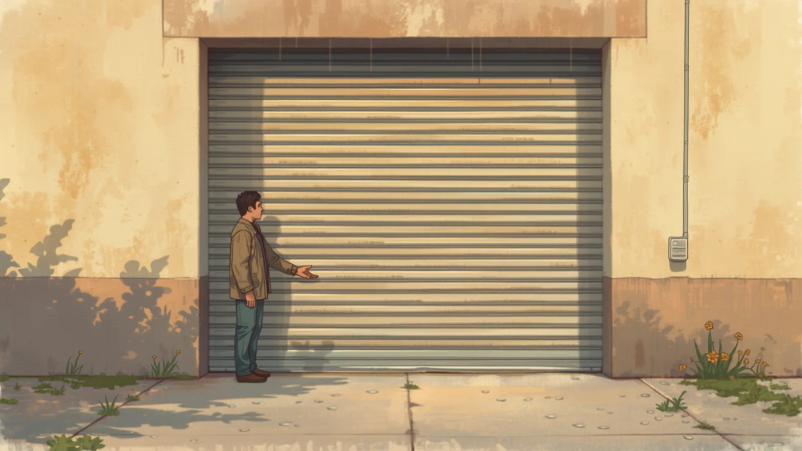 Steel-Line garage door prices — a man with his hand extended toward a large ribbed steel commercial door on a weathered wall A man with his hand extended toward a large ribbed steel commercial door on a weathered wall — steel-line garage door prices