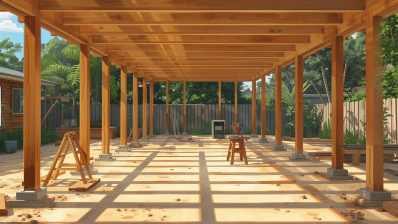 Deck framing and bearers laid out before boards go down - decking cost gold coast